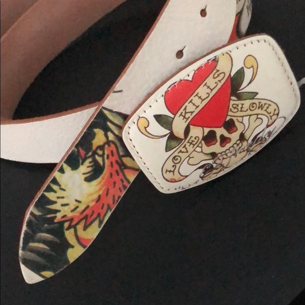 ED HARDY LOVE SLOWLY KILLS TATOO LEATHER BELT